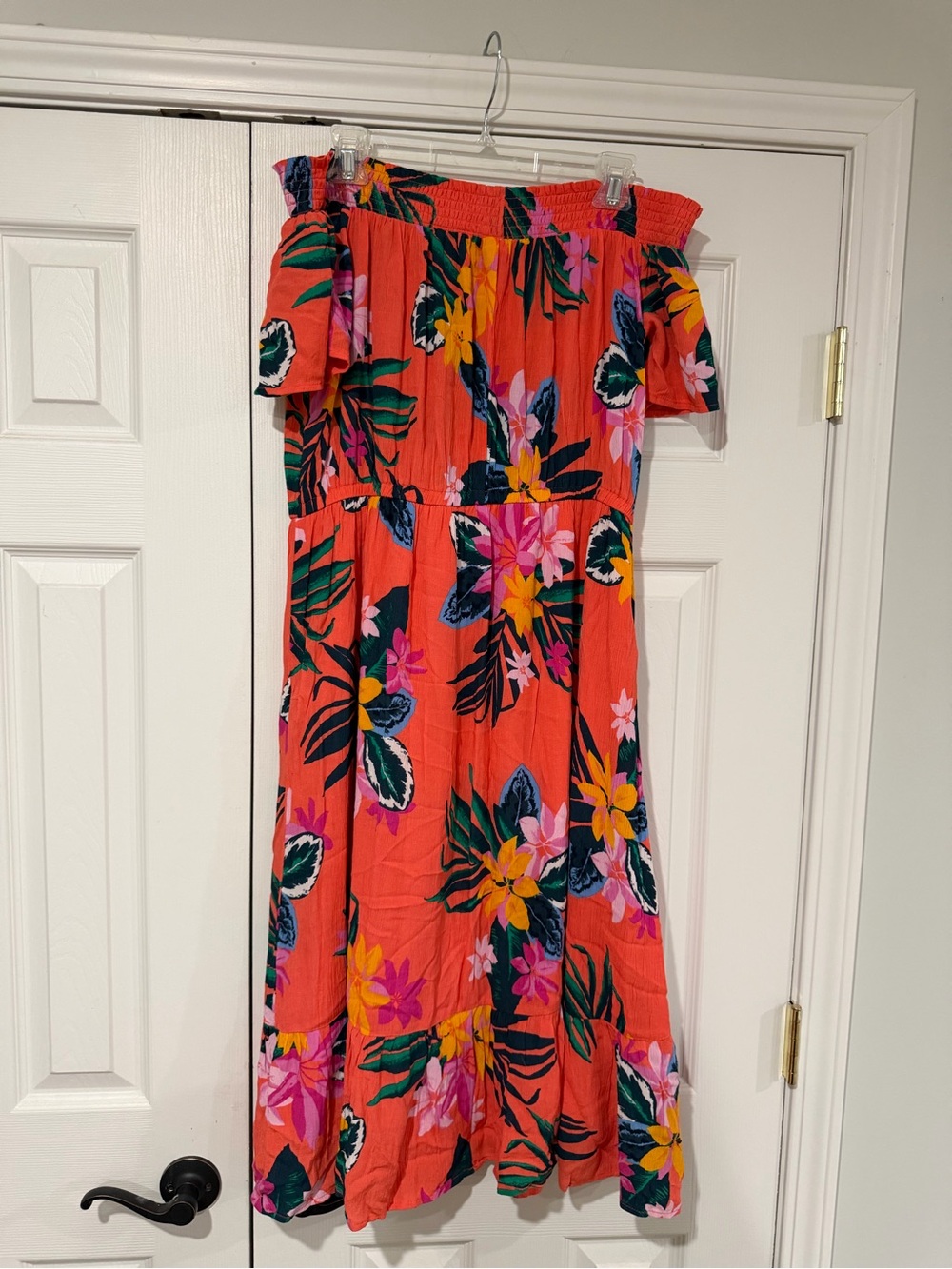 Old Navy Coral Floral Midi Dress with Green & Yellow Print